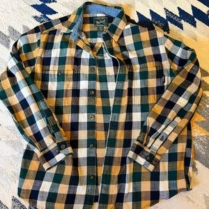 Woolrich green and gold plaid flannel shirt. L, excellent condition.